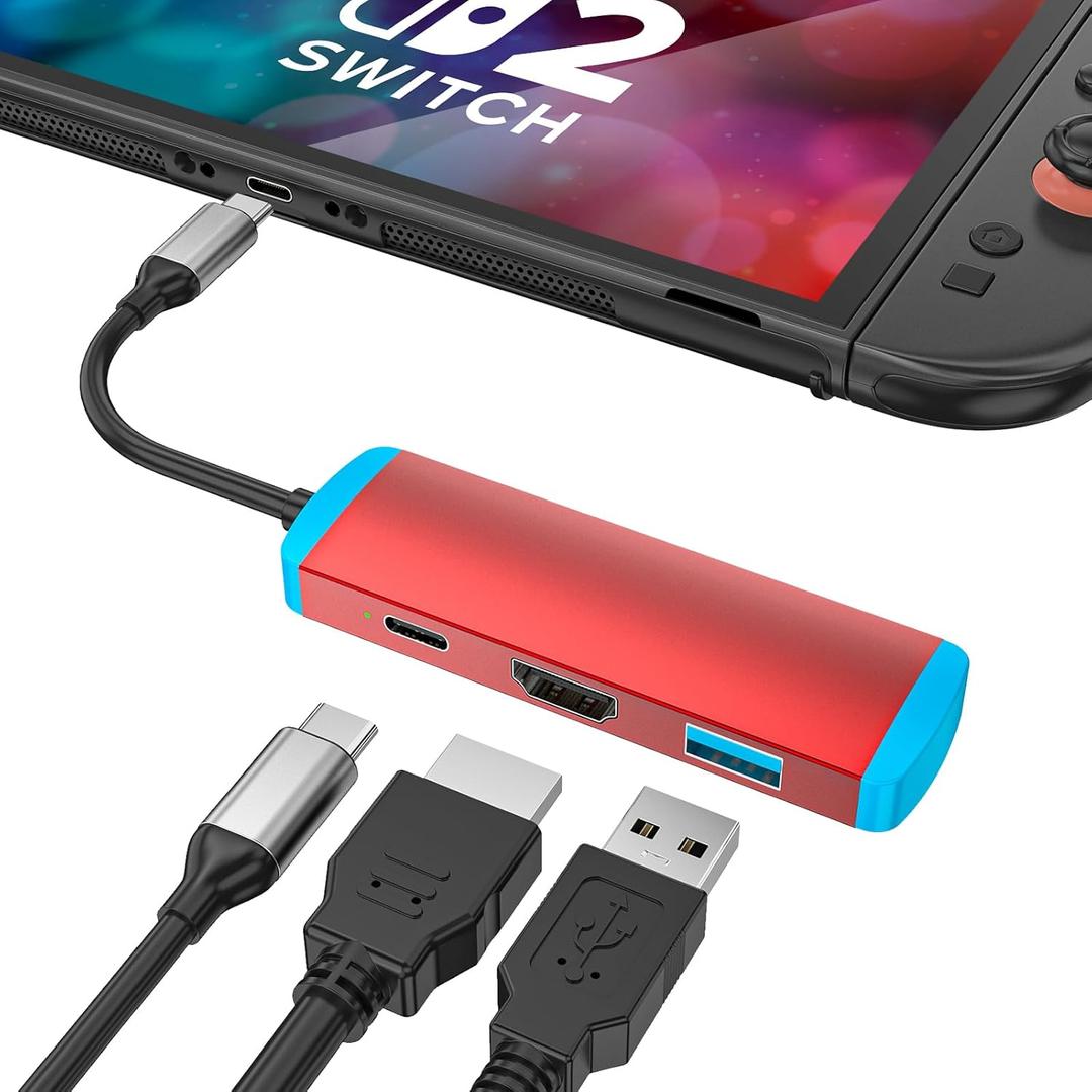 USB C to HDMI Adapter for Switch 2,USB C Docking Station with 4K@60Hz HDMI Port/Type-C PD Port/USB 3.0 Port,Replacement for Official Switch 2/Switch/Switch OLED/Steam Deck/Steam Deck OLED Dock (Normal Model, Red)