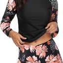 Daci Women Two Piece Rash Guard Long Sleeve Swimsuits UV UPF 50+ Swim Shirt Bathing Suit with Boyshort Bottom (Medium, Black Pink Flower)