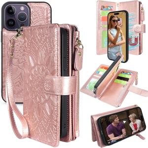 Harryshell Compatible with iPhone 13 Pro Max 6.7 inch 5G 2021 Wallet Case Detachable Magnetic Cover Zipper Cash Pocket Multi Card Slots Holder Wrist Strap Lanyard Floral Flower (Rose Gold)