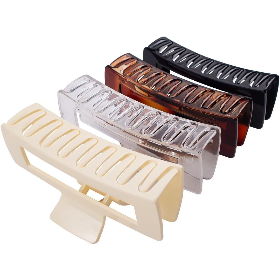 4 Pack Extra Large Hair Claw for Women, 5'' Strong Hold Bright Clamps for Thick and Long Hair, 90's Non-slip Square Jaw Clips for Curly Hair