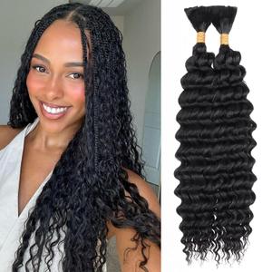 Leeven Deep Wave Bulk Braiding Hair 160g No Weft 18 Inch 20% Human Hair Mixed Quality Synthetic Natural Black Wet and Wavy Curly Hair Bundle for Boho Braids (2 Bundles, 1B)
