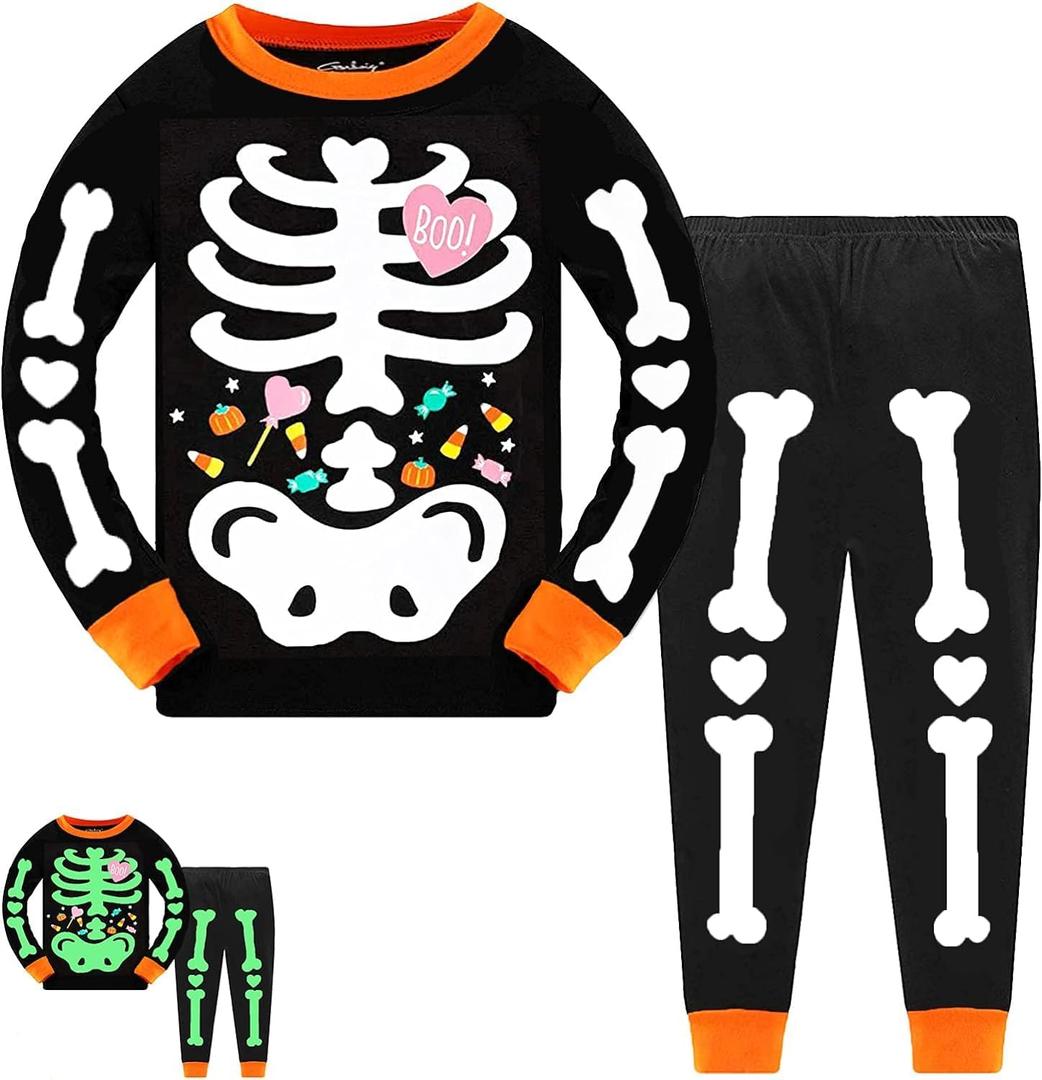 Tkria Kids Pajamas for Boys Skeleton Glow-in-The-Dark Cotton Sleepwear Toddler Clothes Halloween Outfit Size Size 1-12T, Skeleton Candy