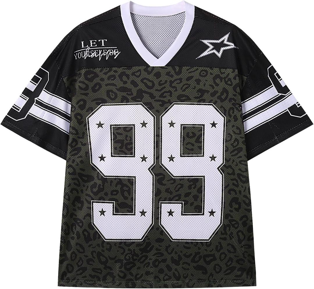 Oversized Jersey Shirts for Men Women Graphic Tees Y2k Tops V Neck Short Sleeve Summer Fall Tshirts Fashion Clothes (Black, XXL)