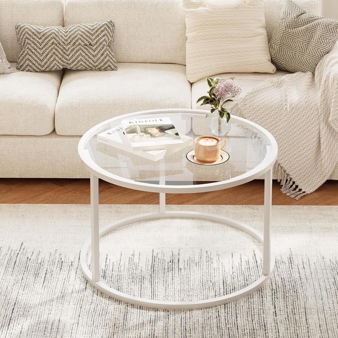 Glass Coffee Table Modern Center Table,Minimalist Coffee Table Sofa Side Tea Table for Living Room,Tempered Glass-top with Sturdy Metal Frame, Easy Assembly, 27 x 27 x 17 Inch,White