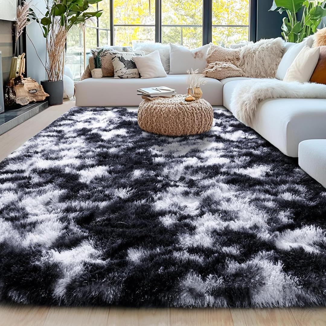 Ultra Soft Rugs for Living Room Bedroom, 5x7 Area Rugs for Living Room, Modern Shaggy Carpets Fuzzy Rug for Boys Girls Dorm Nursery Home Decor Aesthetic, Upgrade Non-Slip Durable, Black and White