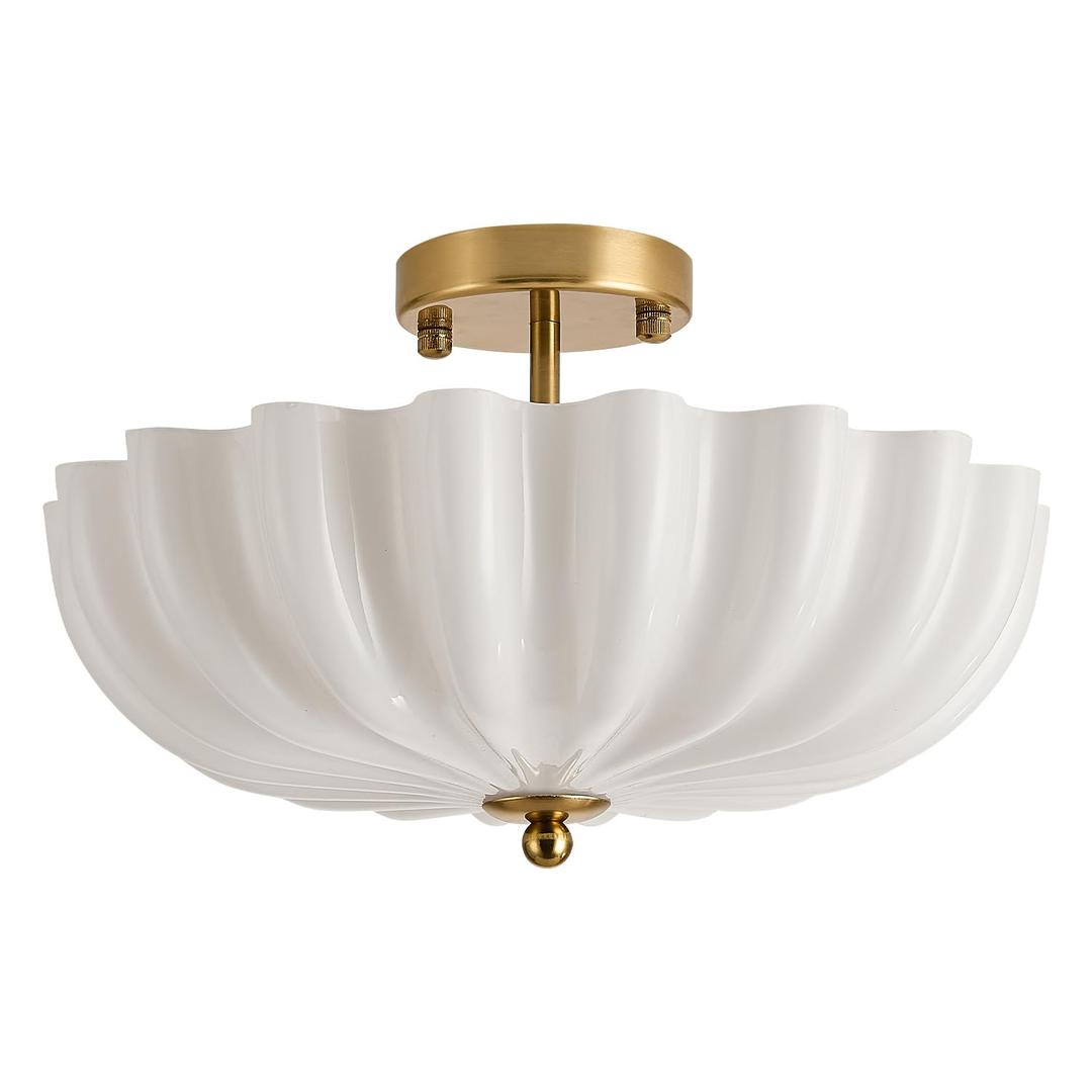 DHDSOUR 3-Light Gold Semi Flush Mount Ceiling Light with Milk Glass Shade