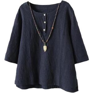 Minibee Women's 3/4 Sleeve Cotton Linen Jacquard Blouses Top T-Shirt, Size XXL