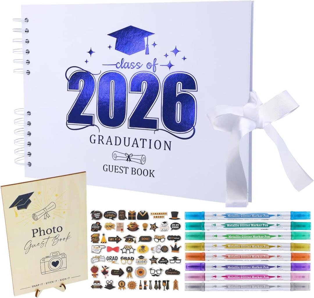 Graduation Guest Book Scrapbook Set 2026 - White Blue 80 Pages Signature Photo Album with 8 Dual-Tip Markers, Stickers, Memory Book Sign for Class of 2026 High School College Grad Party Favors Gifts