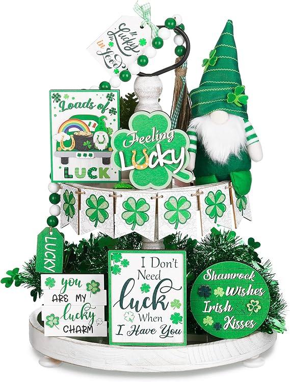 Patelai 8 Pcs St. Patrick's Day Tiered Tray Decor Set Shamrock Plush Gnome Wood Tiered Tray Decor Rustic Irish St. Patrick's Day Table Home Kitchen Decoration for Indoor