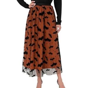 Women Pumpkin Skirt Elastic Waist Layered Mesh Midi Skirt Party Costume, XL