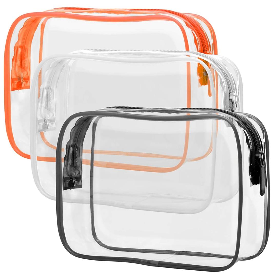 PACKISM Clear Toiletry Bag - 3 Pack TSA Approved Toiletry Bag Quart Size Bag, Travel Makeup Cosmetic Bag for Women Men, Carry on Airport Airline Compliant Bag, Black, White, Orange (Medium Set (Standard))