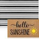 Moucuny 2 Pcs Summer Hello Sunshine Coir Door Mat 24'' x 35'' Black and White Striped Outdoor Rug 16'' x 28'' Yellow Sunshine Coir Doormat Non Slip Seasonal Welcome Doormat for Porch Front Decor