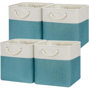 Temary Cubes Storage Baskets 12 Inch Cube Storage Bins for Shelf, Fabric Storage Cubes for Gift Empty Baskets for Home, Collapsable Box Basket for Storage (White&Teal)
