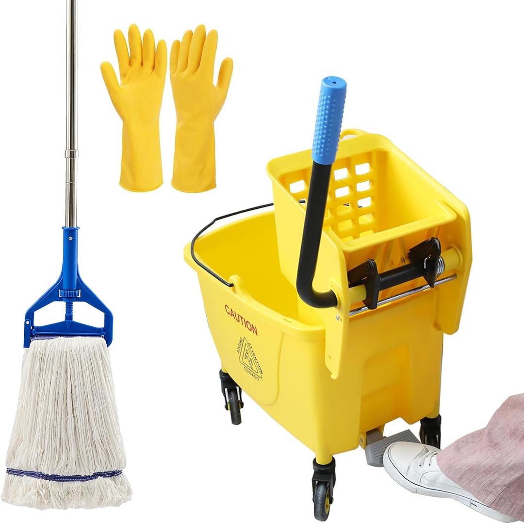 35QT Side-Press Mop Bucket and Wringer Combo on Wheels, Yellow,Including One Heavy Duty Industrial Mop and One Set Large Rubber Cleaning Gloves