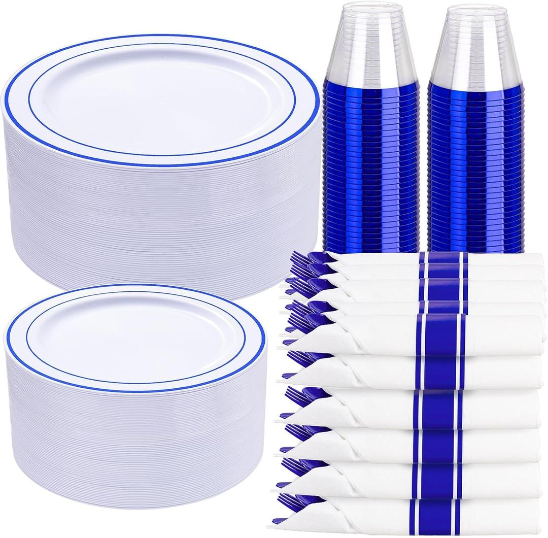 WELLIFE 700 Pcs Blue Plastic Plates for 100 Guests - Plastic Dinnerware Set, Party Supplies Includes 200 Blue Disposable Plates,300 Silverware,100 Napkins,100 Cups