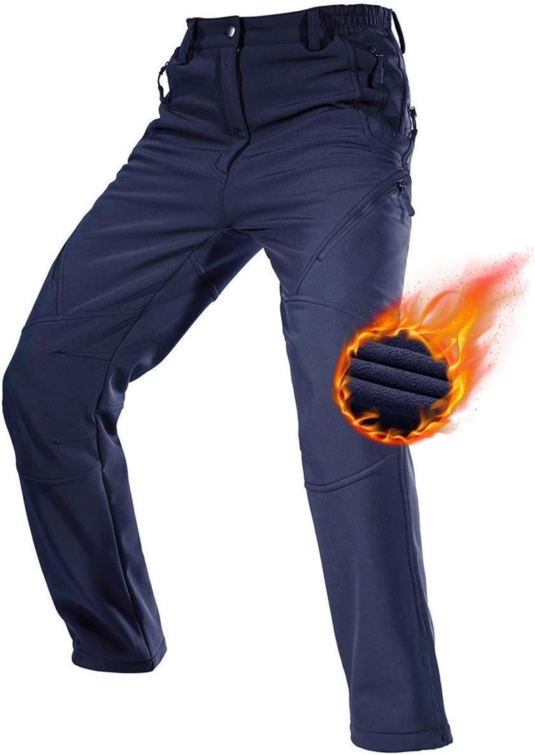 FREE SOLDIER Men's Fleece Lined Outdoor Cargo Hiking Pants Water Repellent Softshell Snow Ski Pants with Zipper Pockets (34W x 32L, Dark Blue)