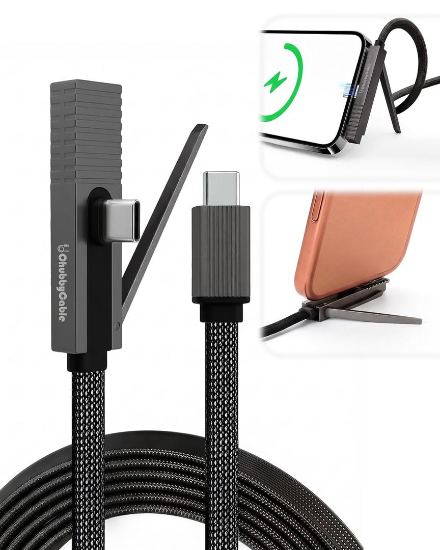 2 x chubbycable StandLite Pro 90 240W Fast Charge Cable with Invisible Stand & Phone Case Friendly Right Angle USB C Cable Braided Charging Cord, Black, Type-C to Type-C, 4.9FT