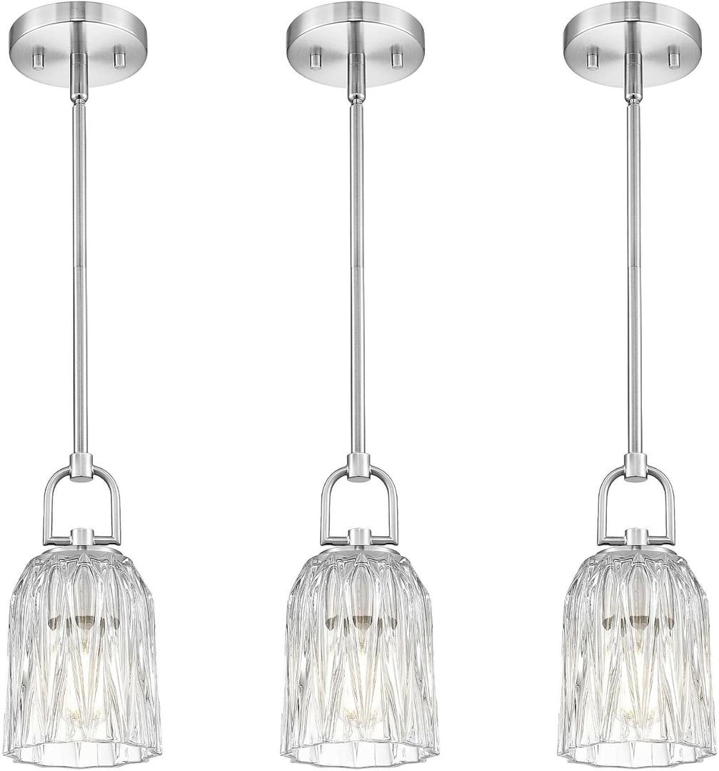 FEMILA 3 Pack Pendant Lights Kitchen Island, Brushed Nickel Glass Pendant Light for Kitchen Island Bedroom Hotel, 4FH83MIL-3PK BN (5", 3 Pack)