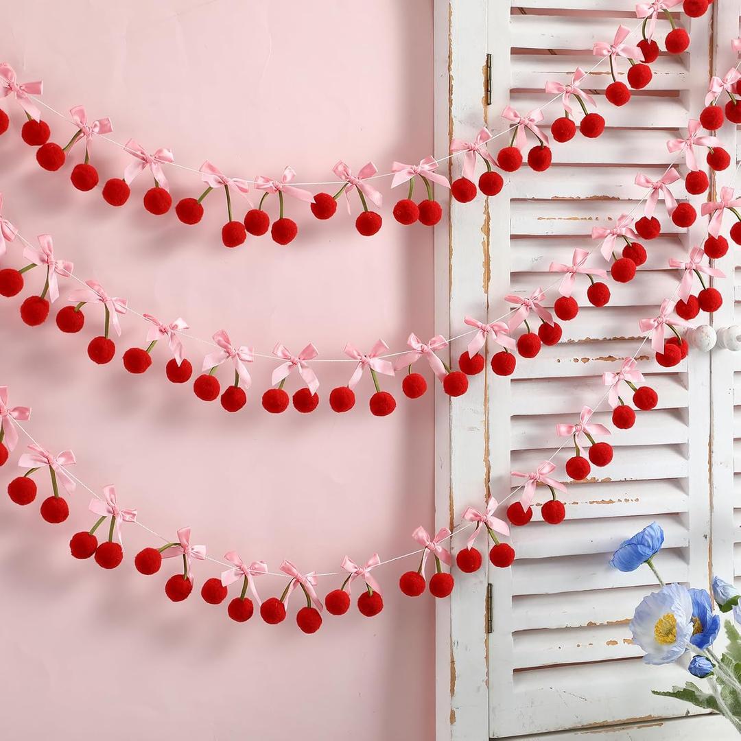3 Pcs Cherry Garland Decor 6.6 ft Valentine's Day Cherries Party Decoration DIY Pom Pom Felt Cherries Fruit Hanging Banner Bunting Ornaments for Baby Birthday Bachelorette Wedding Party Favor