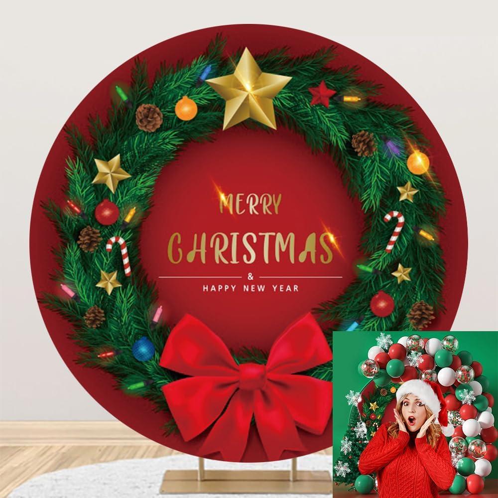 OERJU Merry Christmas and Happy New Year Round Backdrop Cover Christmas Backgrounds for Photography Christmas Tree Wreath Backdrop New Year Xmas Eve Winter Holiday Party Decoration Supplies 3ft