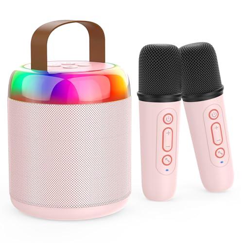 Iyoyo Mini Karaoke Machine for Kids Portable Bluetooth 5.3 Speaker Led Lights with 2 Wireless Microphones Karaoke Gifts for Girls Boys Adult Birthday Christmas Solid Metal Body (Pink)