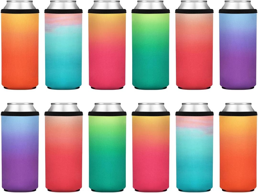 12 Pack Insulated Slim Can Cooler Sleeves, Sublimation Neoprene Iced Drink Holder for Cold Beer or Soda, 12oz Skinny Tall Beverage covers for Summer Parties, Wedding Supplies(Gradient Set)