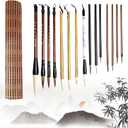 15 Pieces Chinese Calligraphy Writing Brushes Set with Writing Paper Roll-up Brush Bamboo Holder, Shanlian Hubi Kanji Japanese Sumi Drawing Brushes for Watercolor Art Ceramic Ink Writing Painting