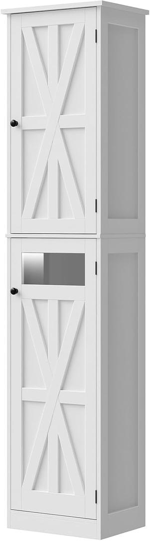 Halitaa Tall Narrow Bathroom Storage Cabinet, Slim Bathroom Cabinet with Adjustable Shelves and 2 Doors, Farmhouse Freestanding Floor Storage for Small Spaces, Bathroom, Kitchen, Living Room, White