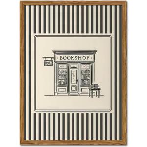 Vintage Striped Bookshop Wall Art, Retro Black and White Pictures Wall Decor College Minimalist Canvas Prints Paintings for Bathroom Bedroom Living Room 12x16 inch Framed