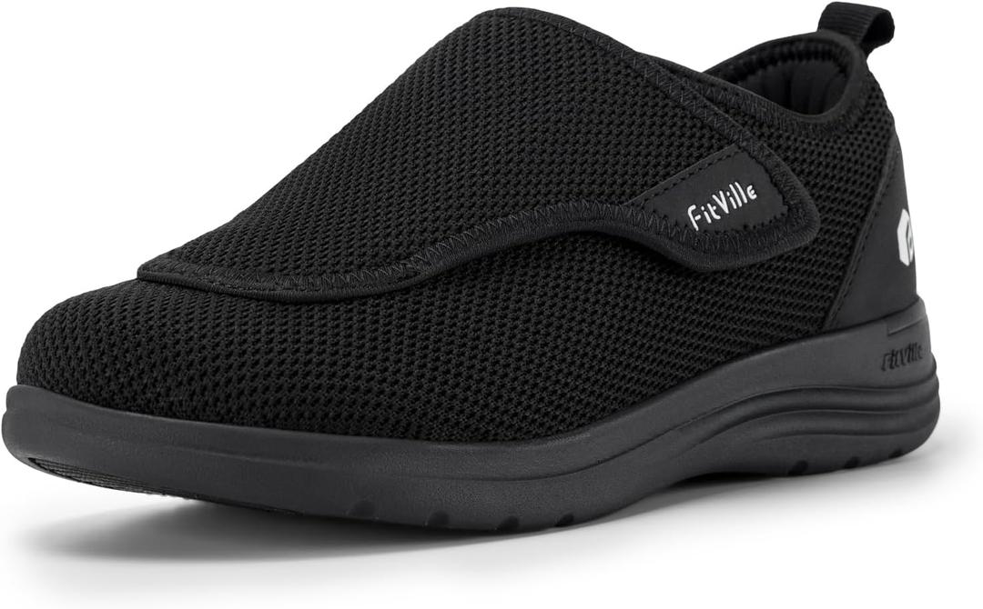 FitVille Diabetic Shoes for Women Extra Wide Walking Shoes Slip-On Orthopedic Shoes with Adjustable Strap for Swollen Feet Neuropathy - EasyTop Wings V2 (All Black, 8.5 X-Wide)