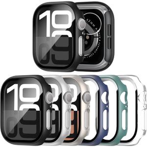 JERXUN 6 Pack Case with Tempered Glass Screen Protector for Apple Watch Series 11 Series 10 46mm, Ultra-Thin Scratch Resistant Full Protective Hard PC Bumper Cover for Apple Watch 46mm (Black/Clear/Starlight/Silver/Blue/Green)