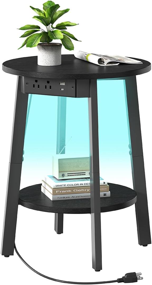 Round End Table with Charging Station, Black LED Small Side Table for Small Space, USB Power Oulets & LED Strip, 2-Tier Round Accent Table Couch Sofa Nighstands for Living Room, Bedroom, Black