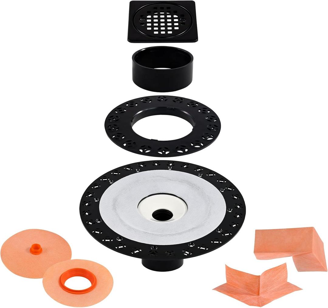4 Inch Shower Drain Flange Kit Compatible with Schluter Kerdi Systems Shower Drain with Flange, Shower Floor Drain Kit, 304 Stainless Steel Grate & 2" ABS Flanges, Matte Black