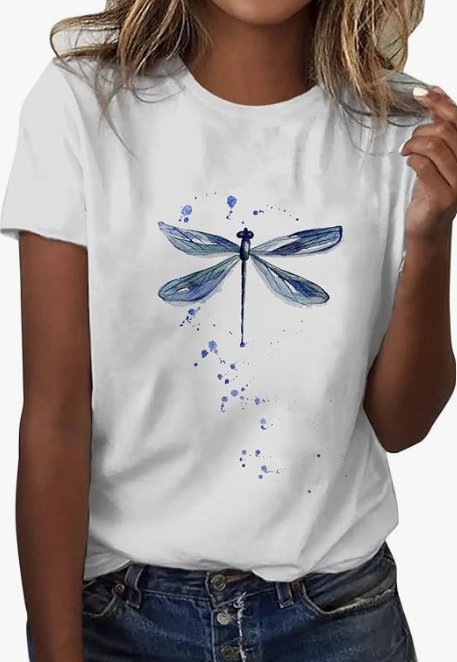 White Summer Clothes for Women, Polyester Spring Shirts for Women 2024, Short Sleeve Tshirts Shirts for Women Graphic, Blouses for Women Business Casual, Dragonfly Work Summer Shirts for Women 2024, L
