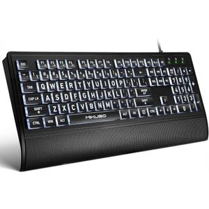 Large Print Keyboard for Seniors,Visually Impaired-High Contrast Black Keys,White Backlit with Cover,Wired USB 104 Full Size-Easy to Read Big Letters for Macular Degeneration Low Vision (No Glare)