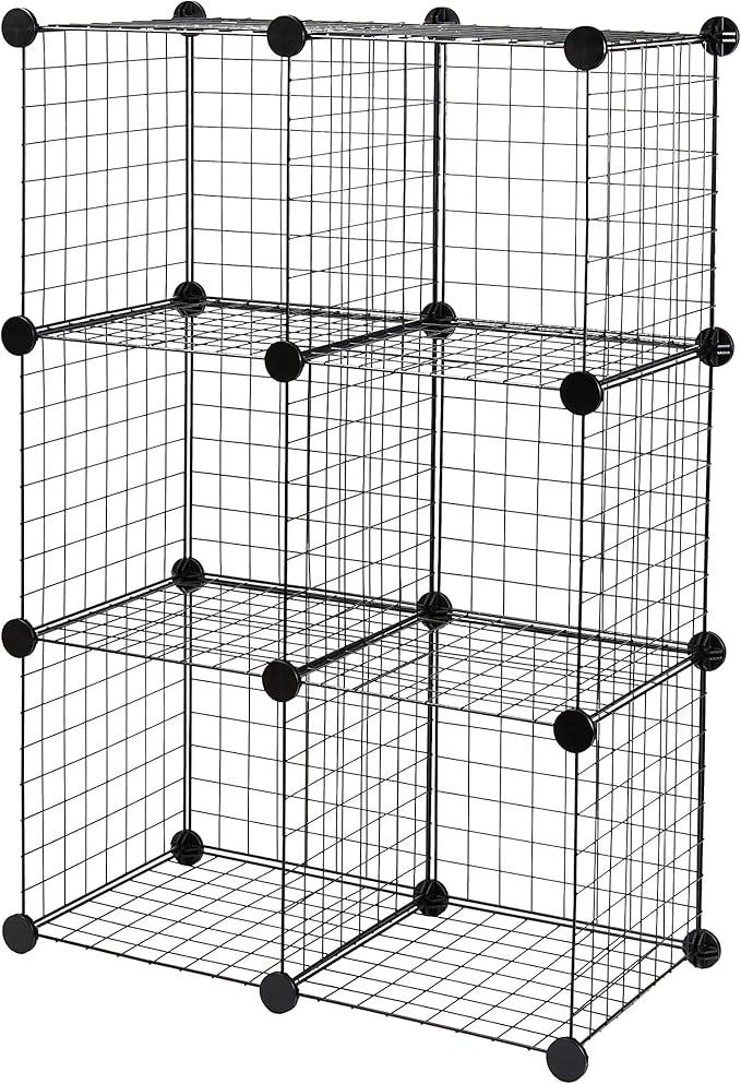 Amazon Basics 6-Cube Wire Grid Stackable Storage Organizer, Metal Shelving Unit, No-Tool Assembly, 26"W x 38"H x 12.6"D, Black
