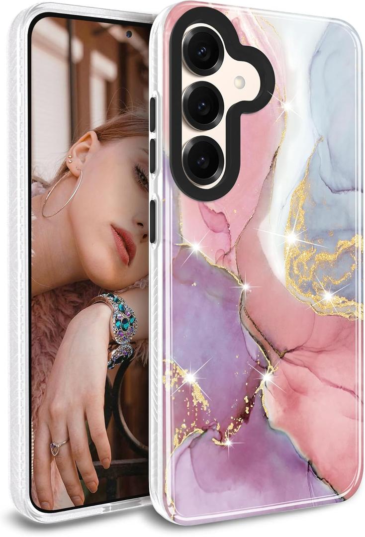 for Galaxy S25 Case Gold Sparkle Glitter Marble Slim Shockproof Cover Phone Case for Samsung Galaxy S25 5G 6.2 inch Pink Purple