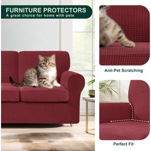 8 Piece Stretch Loveseat Sofa Cover, 2 Seater Couch Slipcover with Two Separate Backrests and Cushions with Elastic Band, Checks Spandex Jacquard Fabric (Medium,Wine)