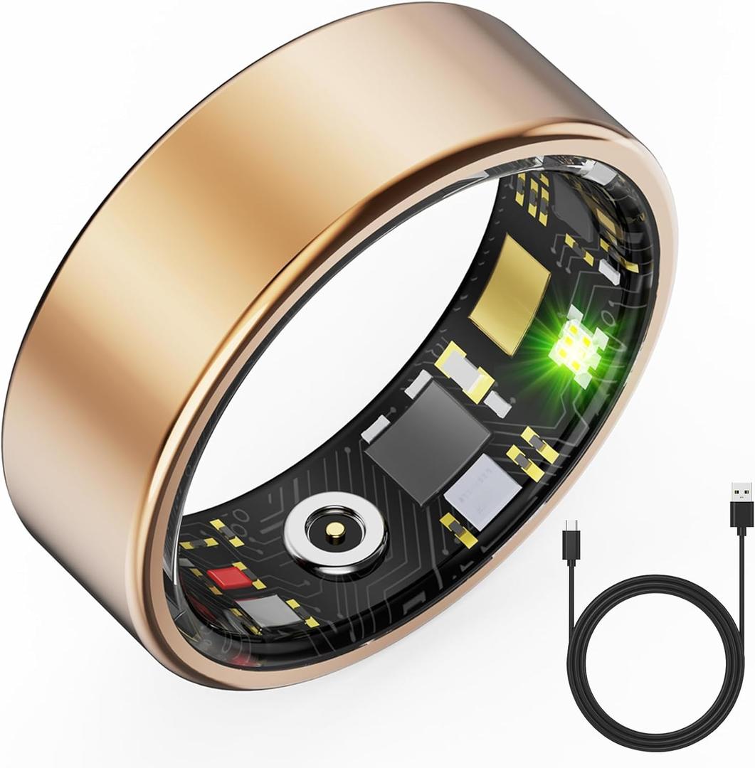 HitTopss Smart Ring, Fitness Tracking Smart Ring with Calories/Heart Rate/Blood Oxygen/Sleep Monitoring, IP68 Waterproof, No APP Subscription (Gold, Size 8)