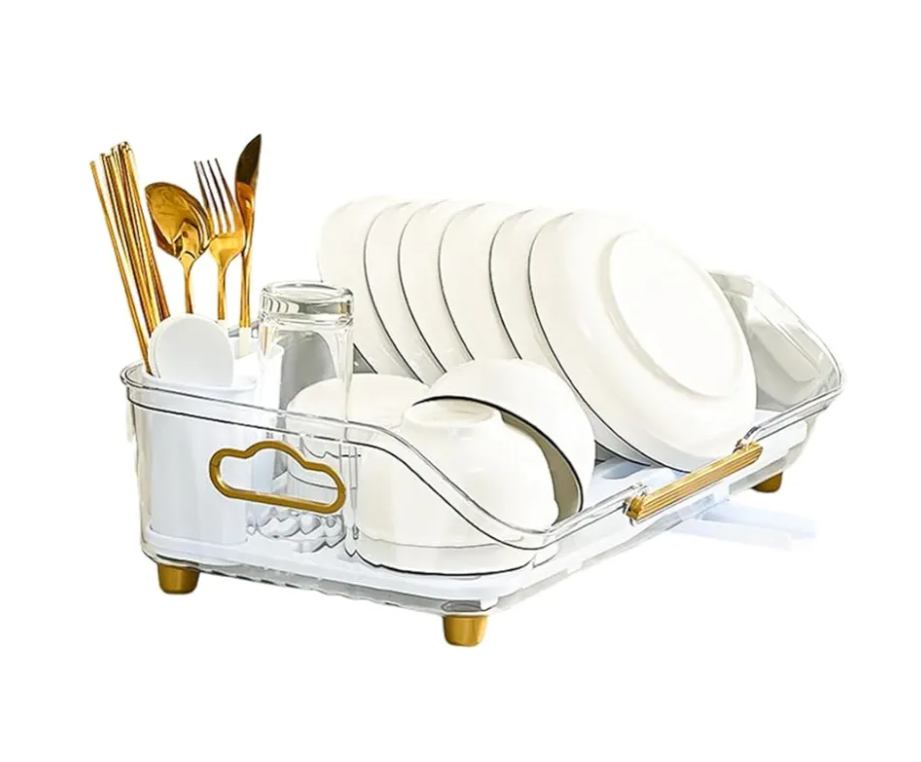 RONSHIN Dish Drying Rack For Kitchen Counter, Dish Rack With Automatic Drainage System, Rustproof Dish Drainer Tray With Detachable Utensil Holder