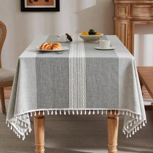 ZeeMart Contrast Linen Table Cloth Rectangle Table Cloths 60x84 Inch Mid-Stripe Grey, Farmhouse Style Heavy Weight Grey Tablecloth, Water Resistant Burlap Tablecloths