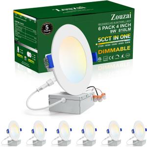 zouzai 6 Pack 4 Inch 5CCT Ultra-Thin LED Recessed Ceiling Light with Junction Box, 2700K/3000K/3500K/4000K/5000K Selectable, 9W Eqv 80W, Dimmable, led can Lights - ETL and Energy Star Certified