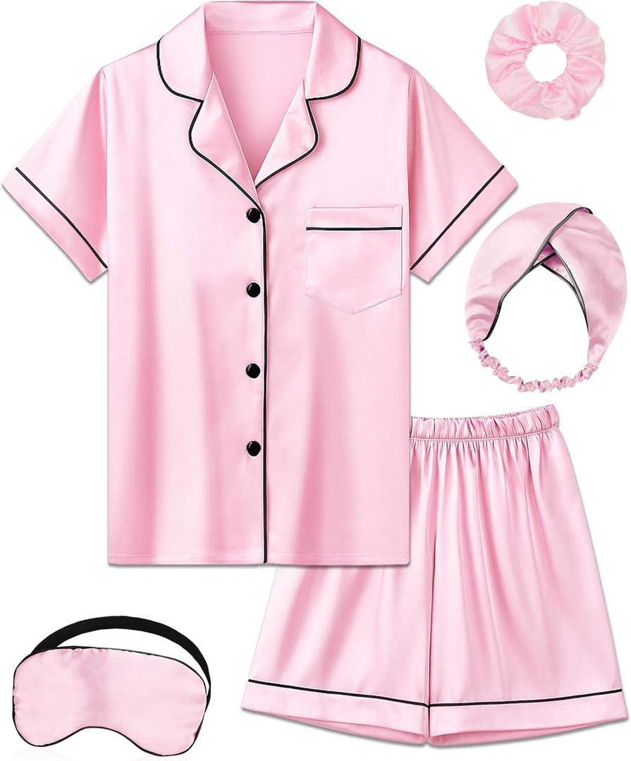 Kids Girl Pajama Set with Headband Blindfold Hair Tie Toddler Boy Girl Satin Silky Button-up Pajama Sleepwear (9-10 Years, Pink-short)