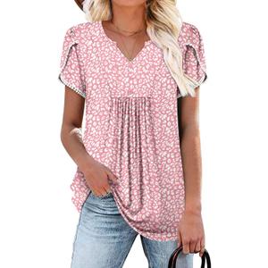BETTE BOUTIK Women's Pink Leopard Large Tunic Shirt with Henley V Neck, Short Sleeves, Comfortable Stretch Fabric, Perfect for Casual, Party, Vacation, L