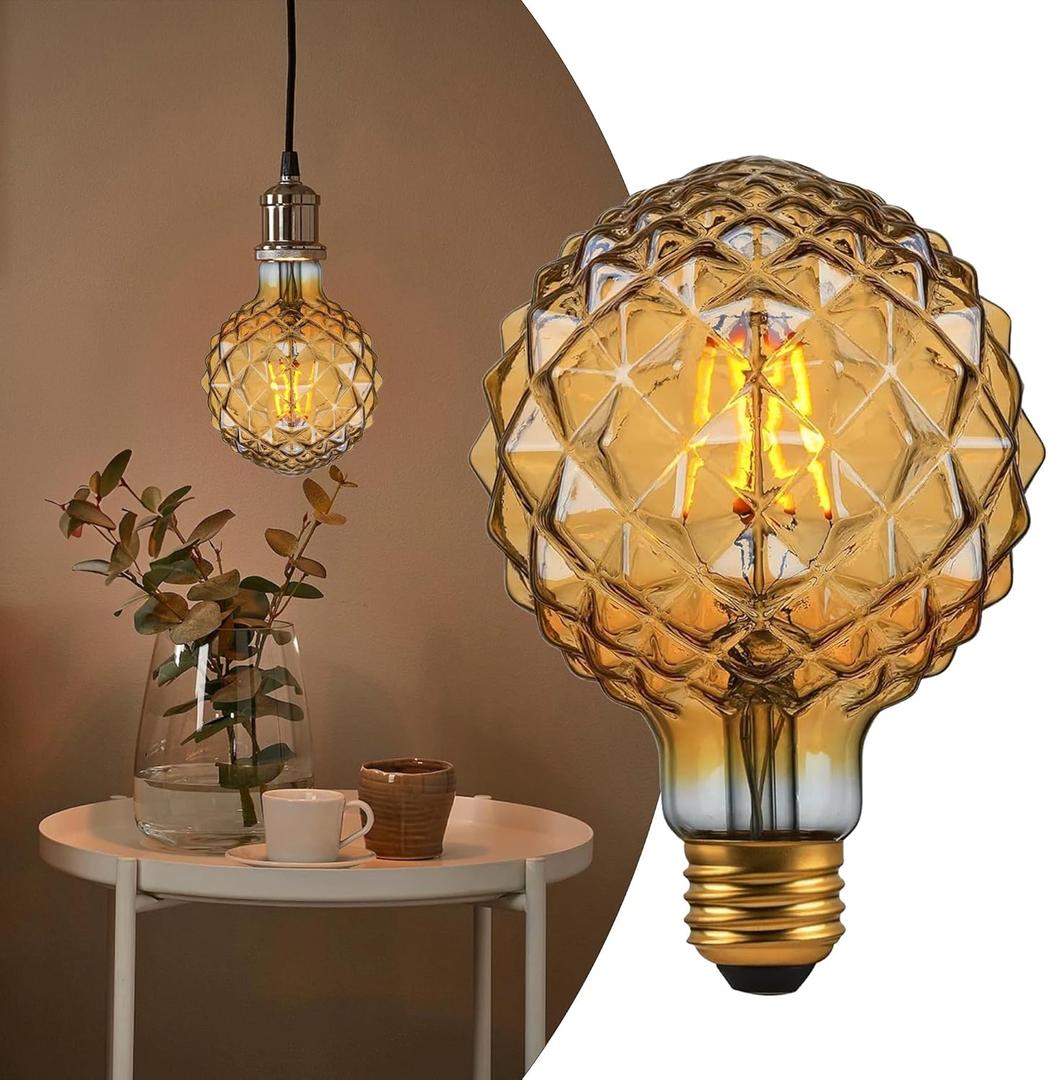 E26 LED Bulbs, 4W Equivalent to 40W, Dimmable Globe Edison Bulbs, 2200K Amber Light, G95 Pineapple Vintage Decorative Hanging Bulbs for Home & Office, Ambient Lighting