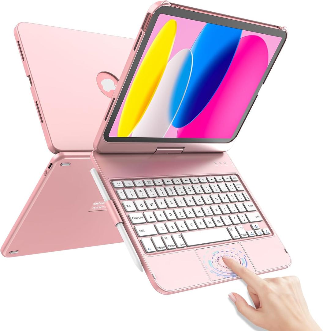 TaIYanG for iPad A16 11th 10th Generation Case with Keyboard 11 inch 2025&10.9 inch 2022,Touch Trackpad Keyboard Case for 10th Generation-360 Rotate,Pencil Holder,Keyboard for iPad 10th Gen,Rose Gold