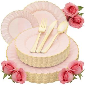 Pink Plastic Plates with Gold Rim, Scalloped Plastic Plates Set Includes 25 Dinner, 25 Dessert Plate, 75 Gold Silverware for 25Geusts for Wedding Birthday Parties (125Pcs Pink)