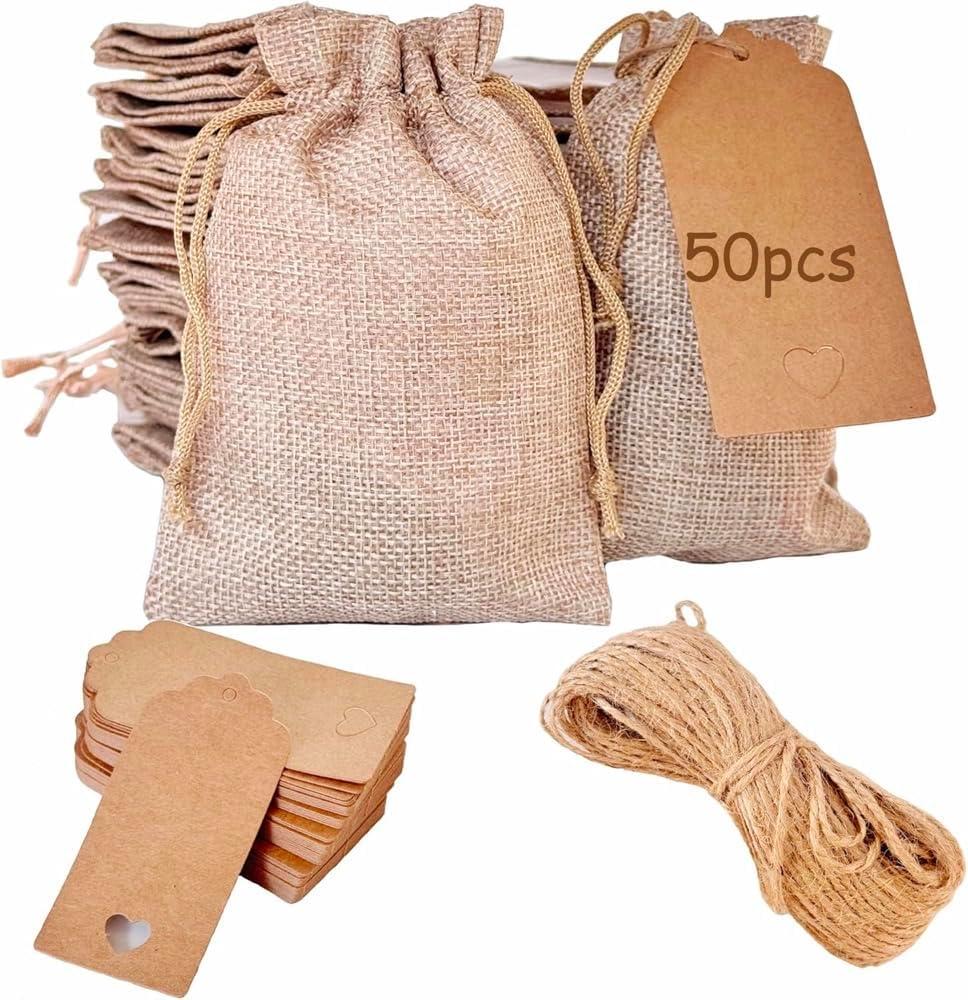 GIOIPC 50PCS 8 x 12 Inch Burlap Gift Bags With Drawstring and Bonus Gift Tags for Wedding Birthday Present Bag, Kitchen Storage Bag