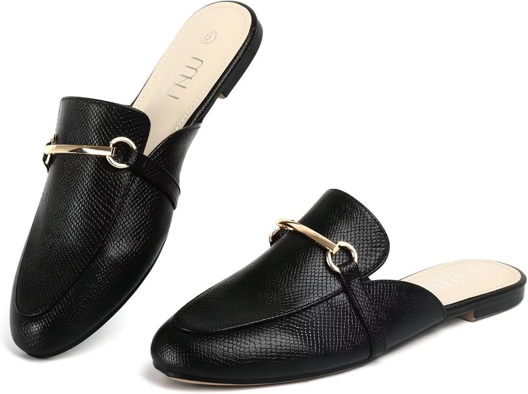 MUSSHOE Mules for Woman Buckle Flats Comfortable Slip on Women Mules Flats Shoes Backless Loafers (7.5, Black Snake Pu)