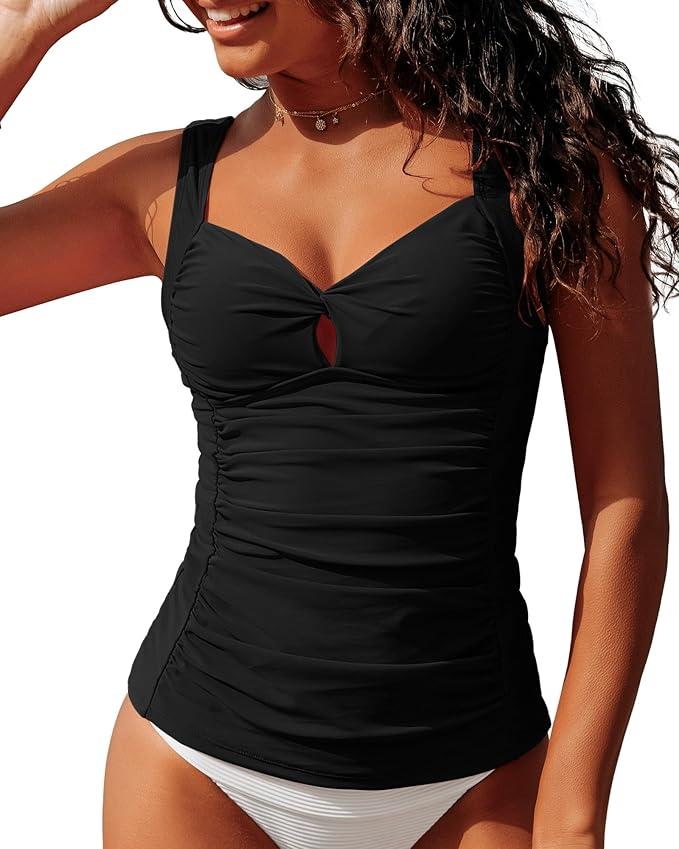 GRAPENT Tankini Tops for Women Twist Front Keyhole Bathing Suits Swim Tankini Swimsuits Padded Ruched Swimwear Top Only, Size M